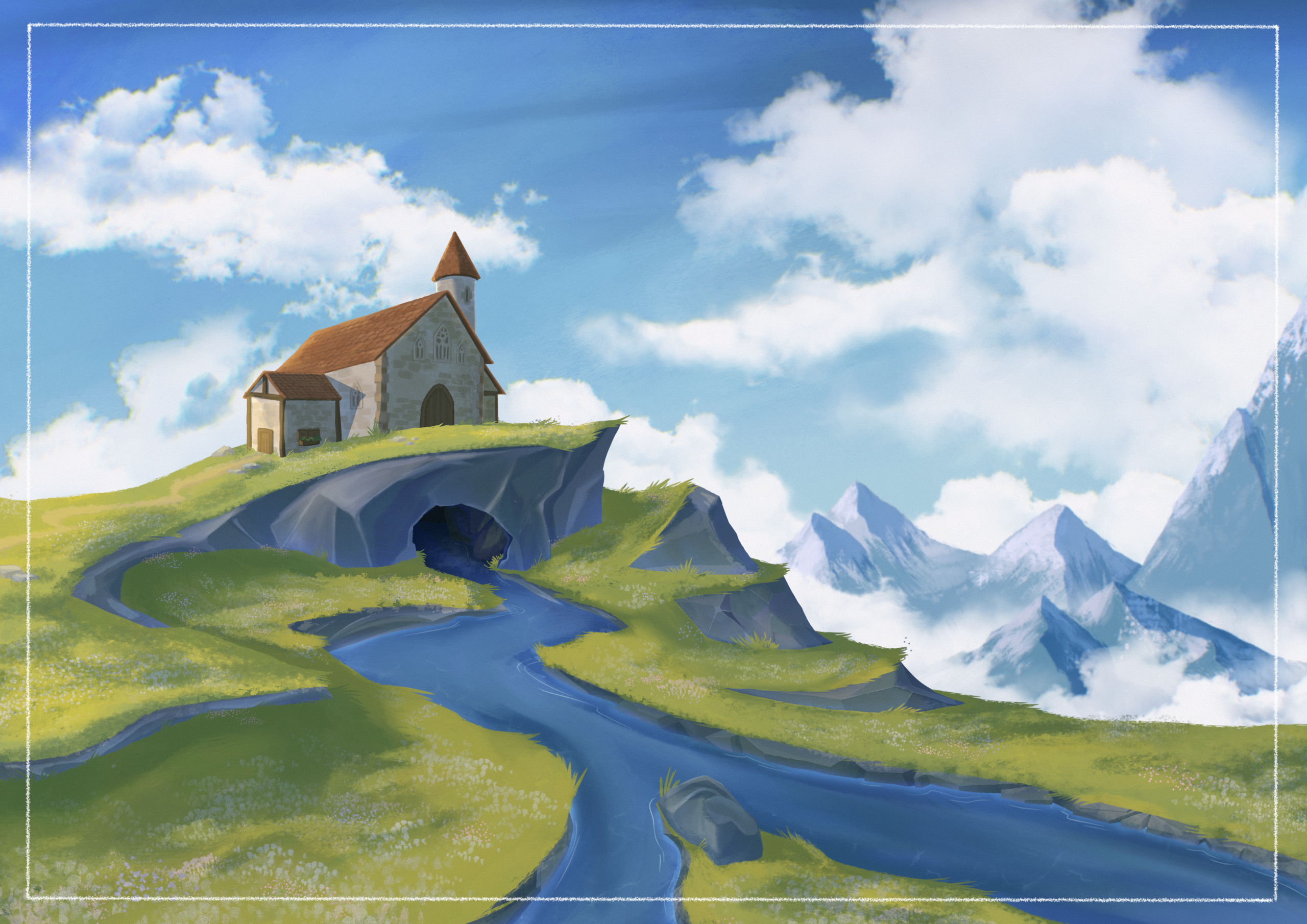 concept art paysage montagneux surmonté d'un corps de ferme